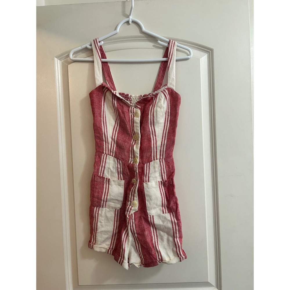 Reformation Red White Striped Linen Romper Button Front Smocked Back Size 0